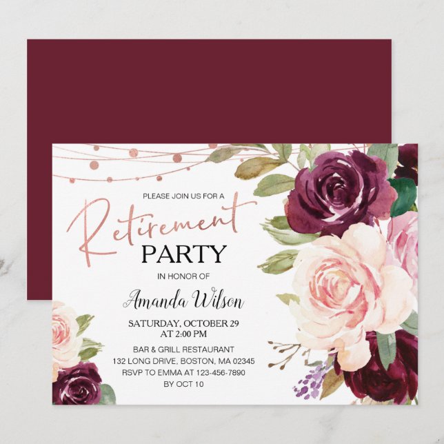 Élégant Script Bourgogne Retraite Party Invitation (Devant / Derrière)
