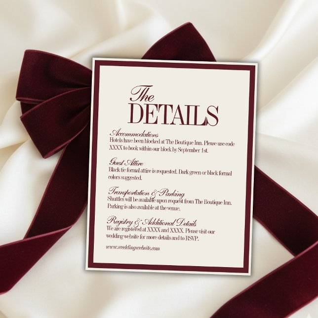 Elegant Script Burgundy Red Formal Wedding Details Begleitkarte (Elegant Script Burgundy Red Formal Wedding Details Enclosure Card)