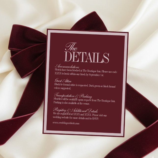 Elegant Script Burgundy Red Formal Wedding Details Begleitkarte (Elegant Script Burgundy Red Formal Wedding Details Enclosure Card)