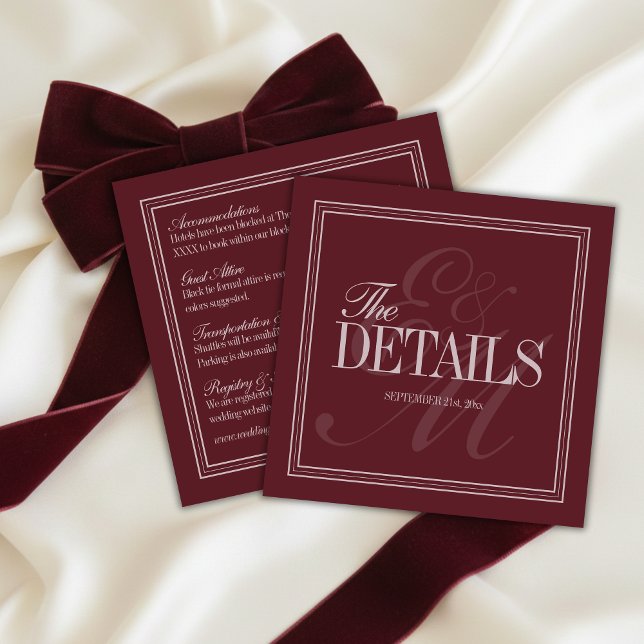 Elegant Script Burgundy Red Formal Wedding Details Begleitkarte (Elegant Script Burgundy Red Formal Wedding Details Enclosure Card)