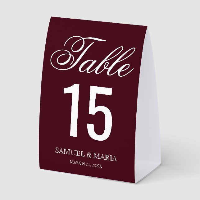 Elegant Script Burgundy Wedding Table Number Tischaufsteller (Vorderseite)