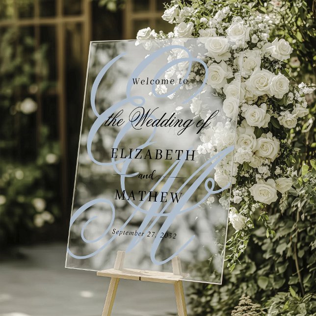 Élégant Script Dusty Blue Monogram Mariage Bienven (Créateur téléchargé)