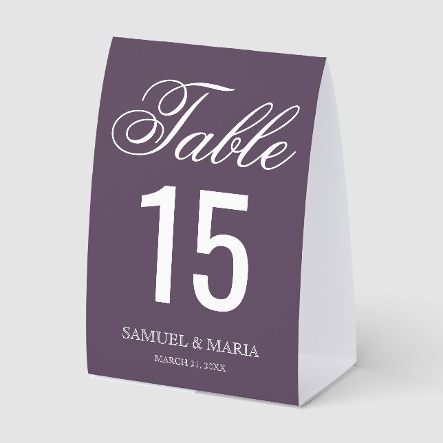 Elegant Script Dusty Purple Wedding Table Number Tischaufsteller (Vorderseite)