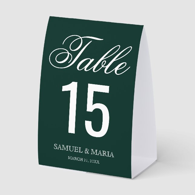 Elegant Script Emerald Green Wedding Table Number Tischaufsteller (Vorderseite)