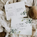 Elegant Script Eucalyptus Greenery Wedding Rsvp Postkarte<br><div class="desc">Diese individuell gestaltbare UAwg Postcard ist für die Abstimmung mit unserer Hochzeitskollektion Boho Greenery konzipiert und verfügt über eine üppige Aquarellgrüne Eukalyptus-Blätter mit Set vor einem zarten Aquarellwaschhintergrund mit kalligrafischem Text,  gepaart mit einer klassischen Serif und modernem Sans-Schriftart in Schwarz. Matching-Elemente verfügbar.</div>