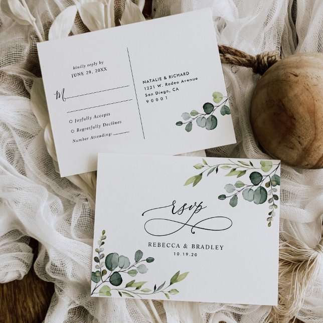 Elegant Script Eucalyptus Greenery Wedding Rsvp Postkarte (Von Creator hochgeladen)