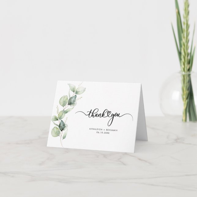 Elegant Script Eucalyptus Wedding Dankeskarte (Vorderseite)