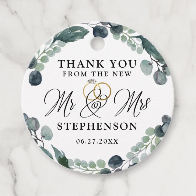 Elegant Script Eucalyptus Wedding Vielen Dank Geschenkanhänger (Vorderseite)