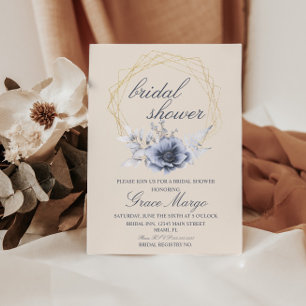 Elegant Script Floral Blue Beige Bridal Shower Einladung