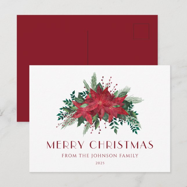 Elegant Script Floral Poinsettia Frohe Weihnachten Postkarte (Vorne/Hinten)