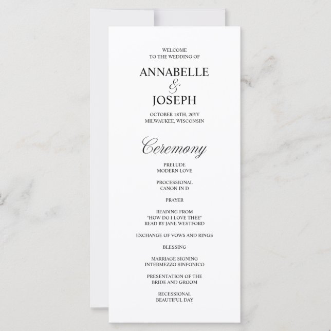 Élégant Script Formal White Wedding Programme (Devant)