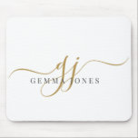 Elegant Script Gold Monogram Initials Name Mousepad<br><div class="desc">A personalized gold script monogram mouse pad featuring a flowing signature style initial with a clean name layout. The simple monogram design keeps the look polished while adding a personal touch to a desk or workspace. A nice choice for home offices, studios, or everyday computer use, and a thoughtful personalized...</div>