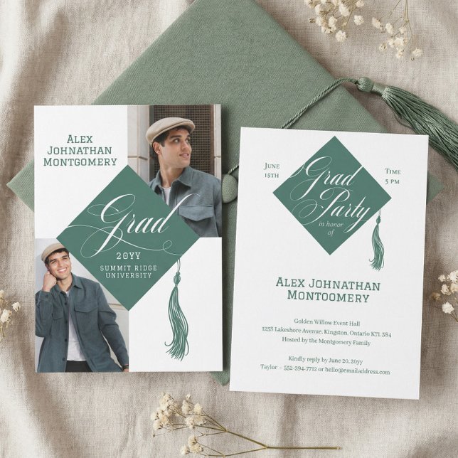Elegant Script Grad Cap Tassel Graduation Photo Einladung (Elegant Script Grad Cap Tassel Graduation Photo Invitation)