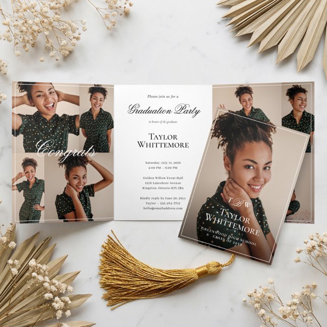 Elegant Script Grad Photo Collage Graduation Party Dreifach Gefaltete Einladung (Elegant Script Grad Photo Collage Graduation Party Tri-Fold Invitation)