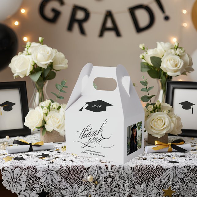 Elegant Script Graduation Thank You Photo Geschenkschachtel (Elegant Graduation Favor Box | Graduation Gable Favor Box)