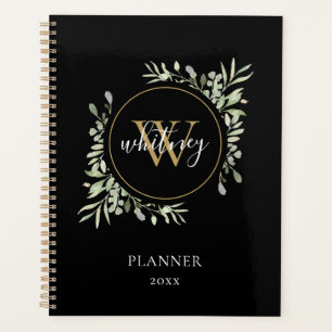 Elegant Script Greenery Monogram Black 2023 Planer