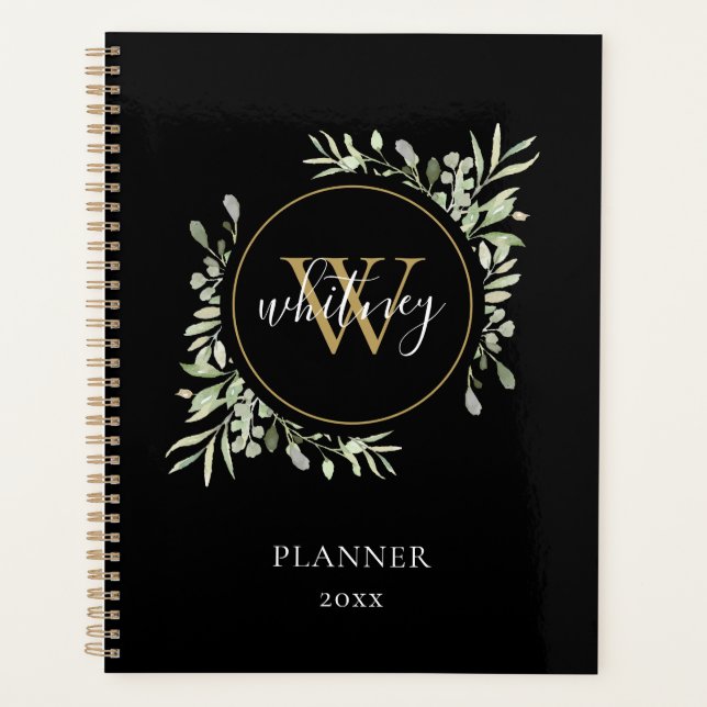 Elegant Script Greenery Monogram Black 2023 Planer (Vorderseite)