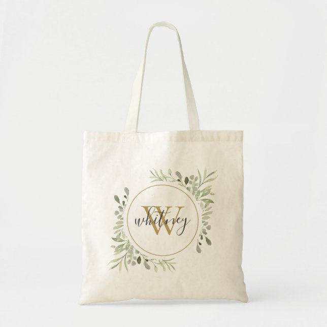 Elegant Script Greenery Monogram Tragetasche (Vorne)