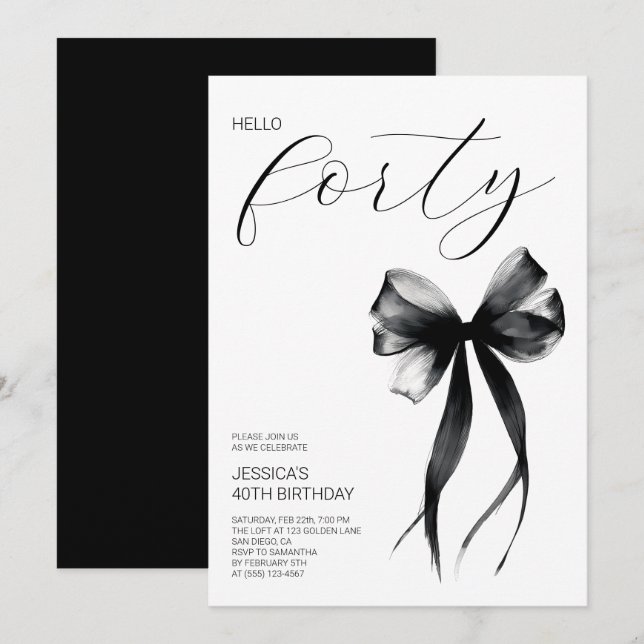 Elegant Script Hello Forty Bow 40th Birthday Party Einladung (Vorne/Hinten)