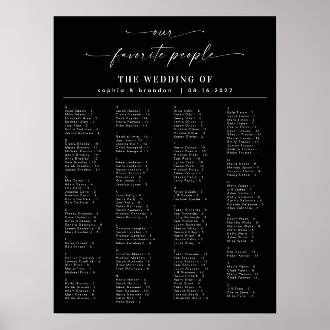 Élégant Script Mariage Alphabétique Tableau de siè (Devant)