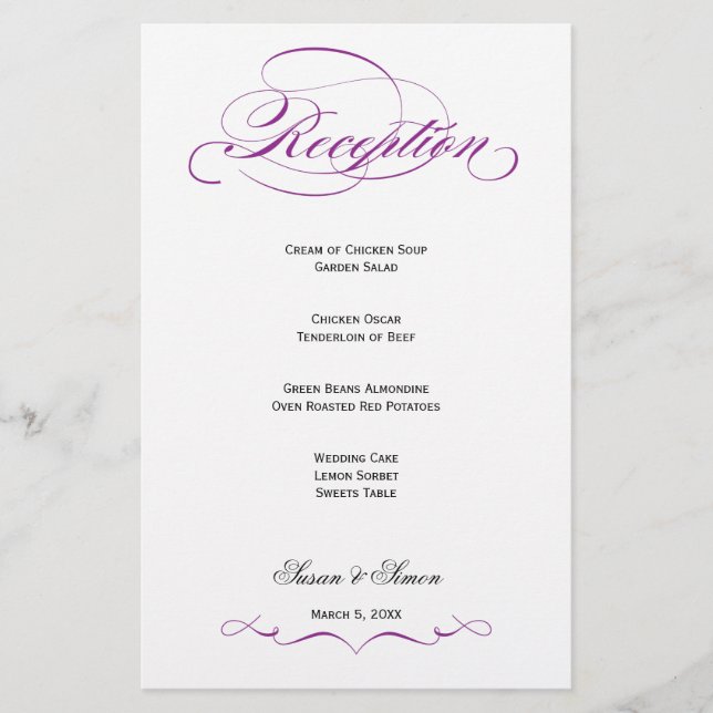Elégant Script Mariage Menu Réception - Violet (Devant)