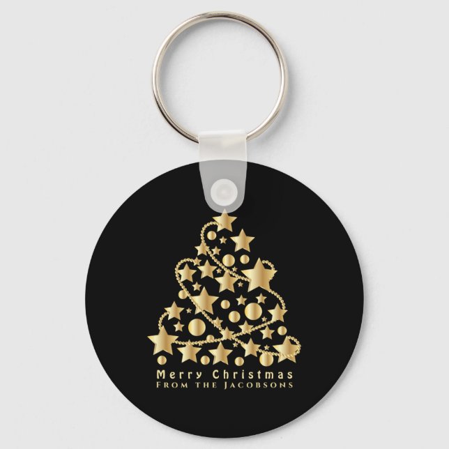 Elegant Script Merry Christmas Gold Star Black T S Schlüsselanhänger (Vorderseite)