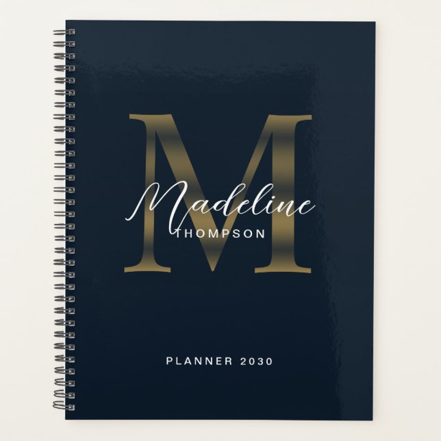 Elegant Script Metallic Navy Blue Gold Monogram Planer (Vorderseite)