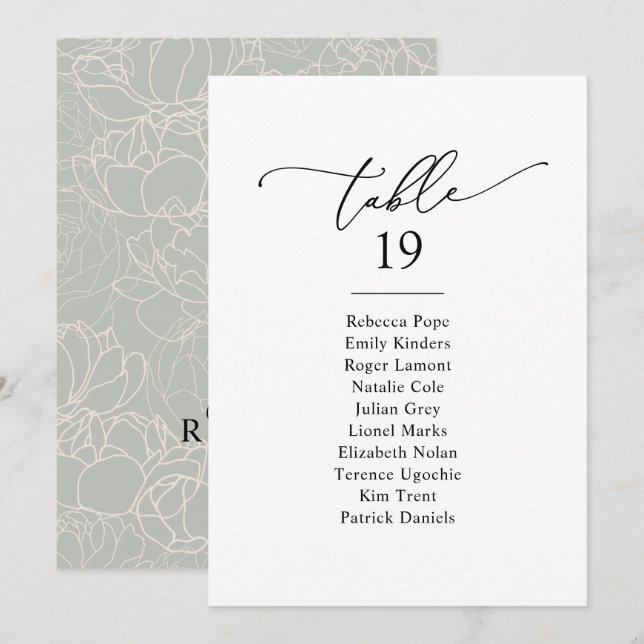 Élégant Script moderne Seating Chart Cartes de tab (Devant / Derrière)
