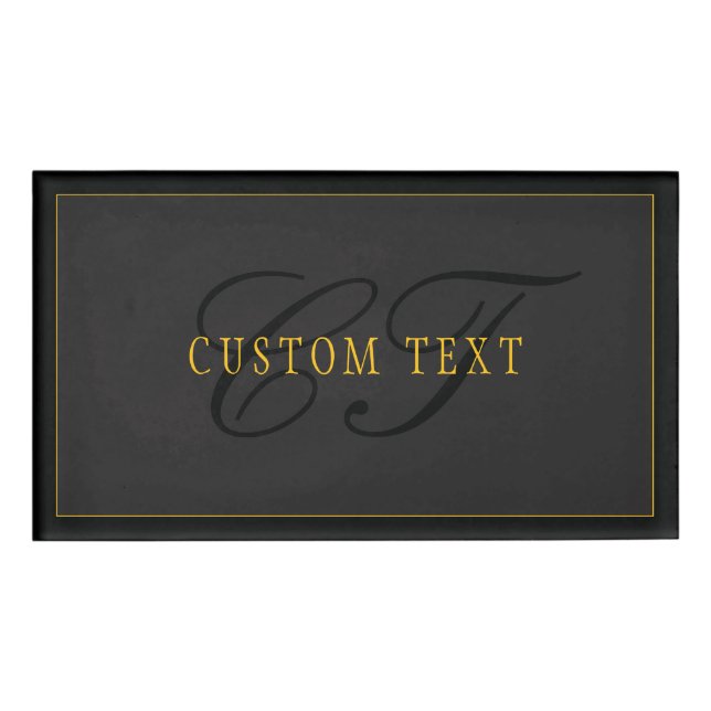 Elegant Script Monogram Black & Gold Namenschild (Vorderseite)
