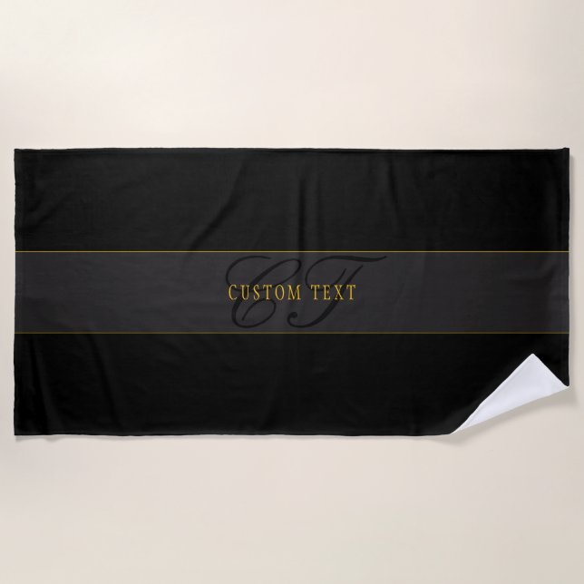 Elegant Script Monogram Black & Gold Strandtuch (Vorderseite)