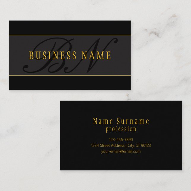 Elegant Script Monogram Black & Gold Visitenkarte (Vorne/Hinten)
