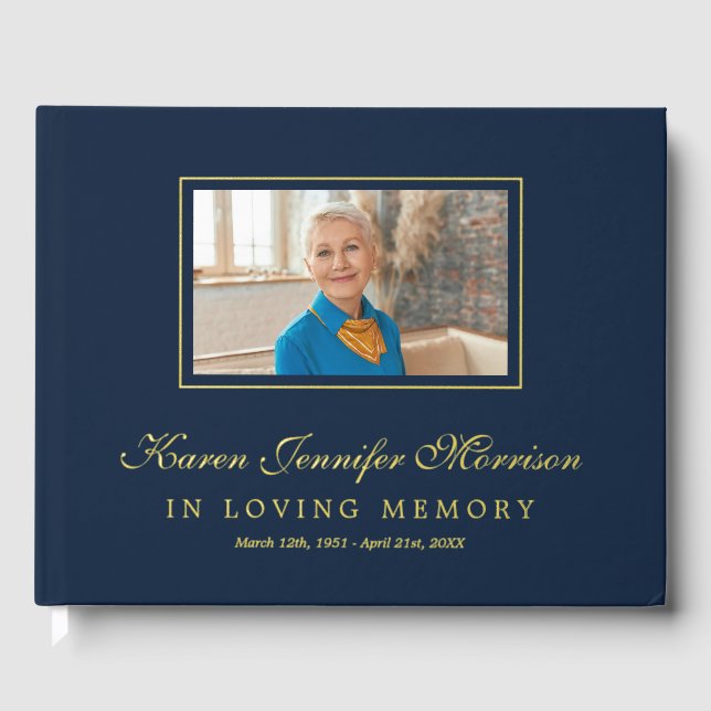 Elegant Script Navy Blue Photo In Loving Memory Gästebuch (Vorderseite)