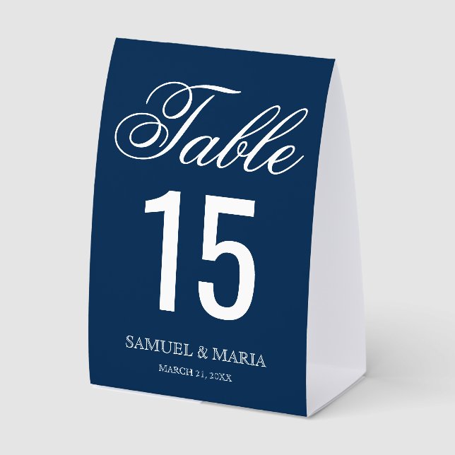Elegant Script Navy Blue Wedding Table Number Tischaufsteller (Vorderseite)