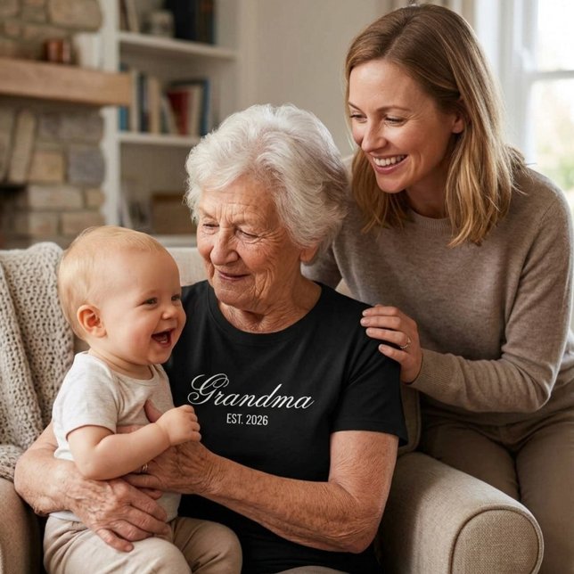 Elegant Script Neue Oma Datum T-Shirt (Elegant Script New Grandma Est Date T-Shirt, White Elegant Typography on a black T-Shirt)