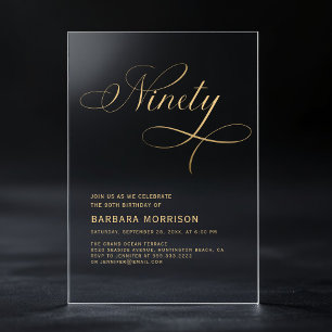 Elegant Script Neunzig Schwarz Gold 90. Geburtstag Acryleinladungen