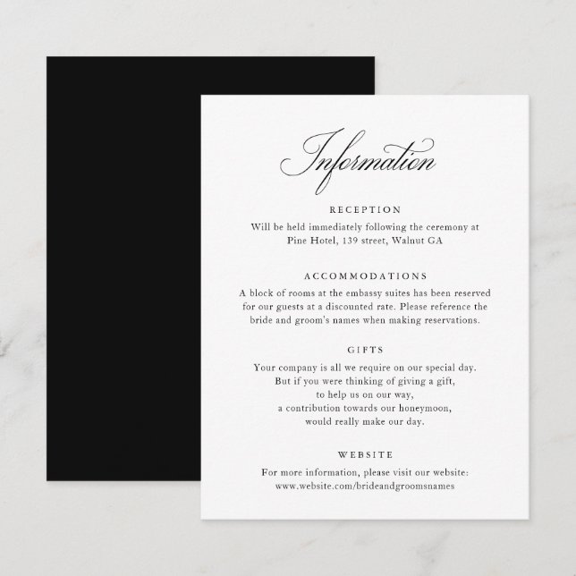 Élégant script noir blanc Mariage carte d'informat (Devant / Derrière)