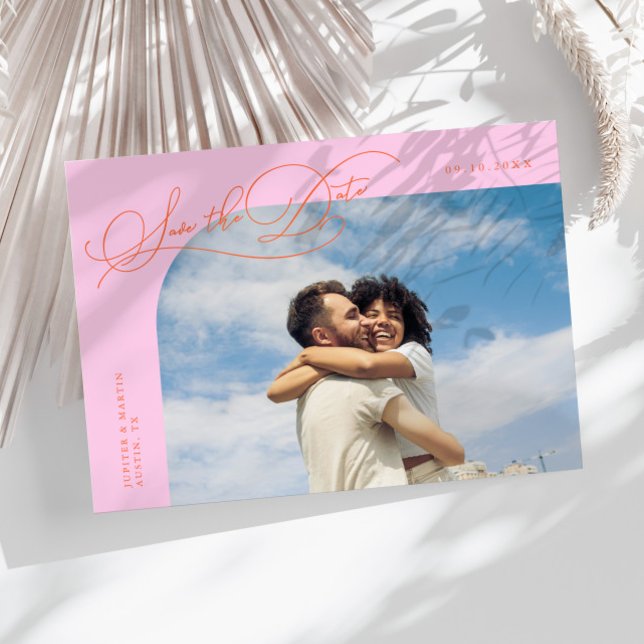 Elegant Script Orange Pink Curved Frame Photo Save The Date (Von Creator hochgeladen)