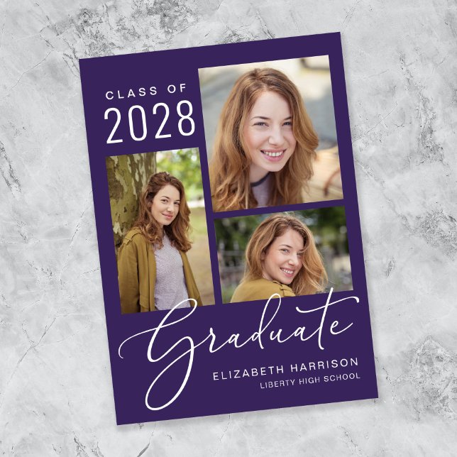 Elegant Script Photo Collage Purple Graduation Ankündigung (An elegant photo collage graduation announcement to celebrate the graduate's achievements)