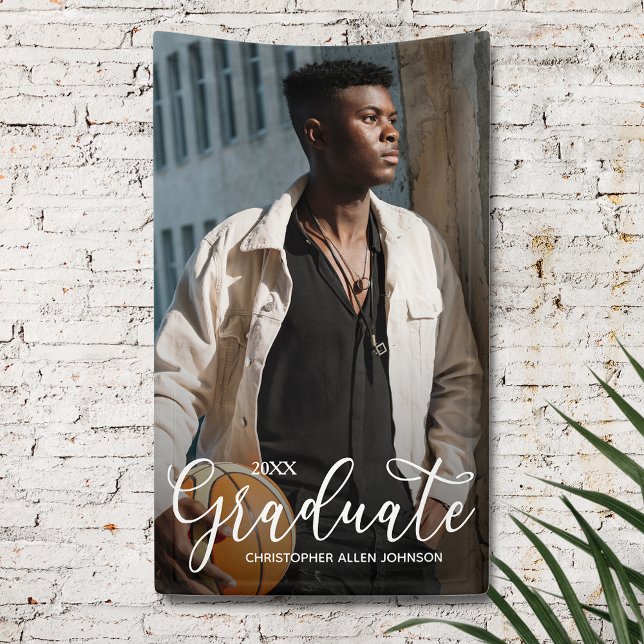 Elegant Script Photo Graduation Party Banner (Elegant white script photo graduation party banner)