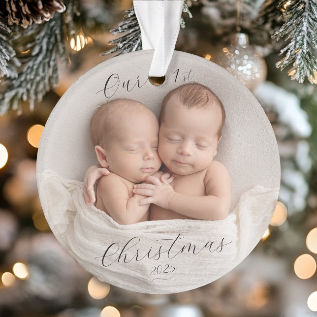 Elegant Script Photo Twin Babies First Christmas (Elegant Script Photo Twin Babies First Christmas Ornament
)