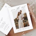 Elegant Script Photo Wedding Save the Date Ankündigungspostkarte<br><div class="desc">An elegant script photo wedding save the date with vertical photo and minimal text. Click edit to customize this design.</div>