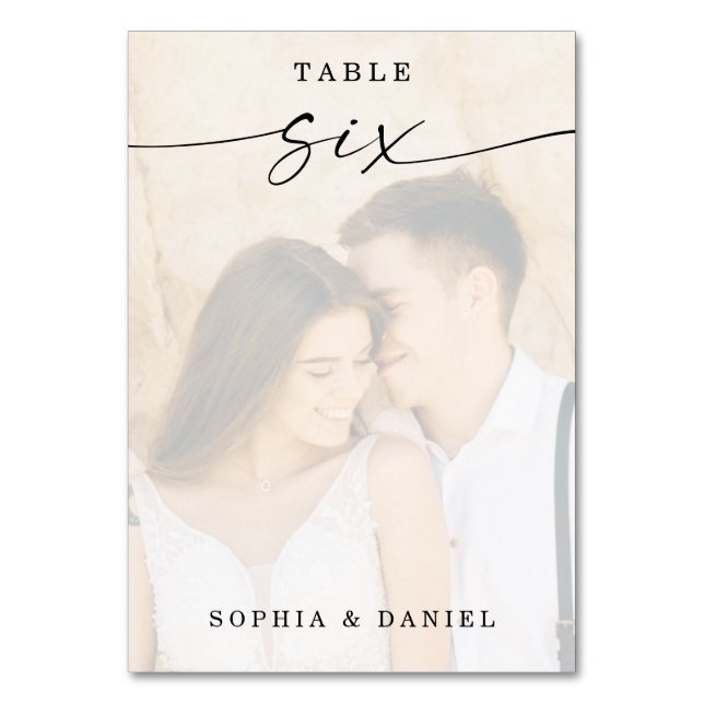 Elegant Script Photo Wedding Table Number Six Tischnummer (Vorderseite)
