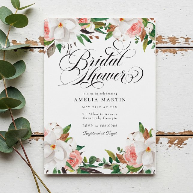 Elegant Script Pink White Floral Bridal Shower Einladung (Von Creator hochgeladen)