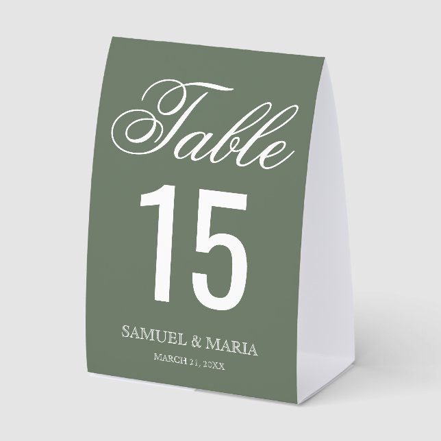 Elegant Script Sage Green Wedding Table Number Tischaufsteller (Vorderseite)