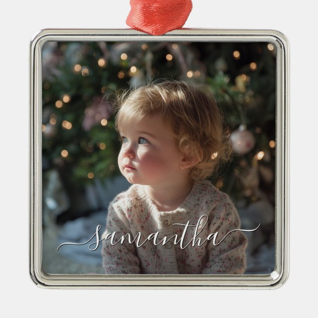 Elegant Script Signature Name Photo Ornament Aus Metall (Vorne)