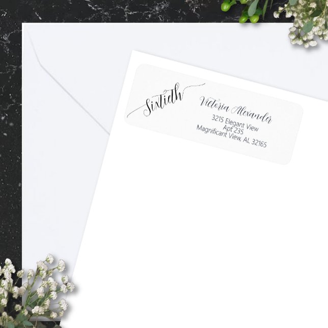 Elegant Script Sixtieth Birthday Celebration (Elegant  Minimal Black Script Sixtieth Birthday Return Label)
