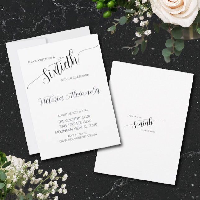 Elegant Script Sixtieth Birthday Celebration Einladung (Elegant Minimal Black White Birthday Invitation)