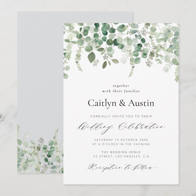élégant script vert faire-part de mariage floral (Devant / Derrière)