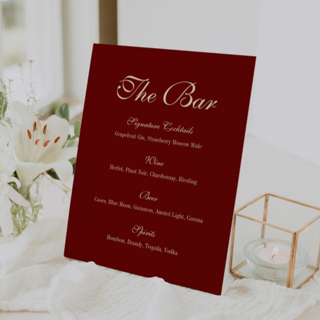 Elegant Script Wine Red Wedding Bar Menu Sockelschild (Von Creator hochgeladen)