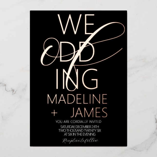 ELEGANT Scripting Wedding Rose Gold Folieneinladung (Vorderseite)